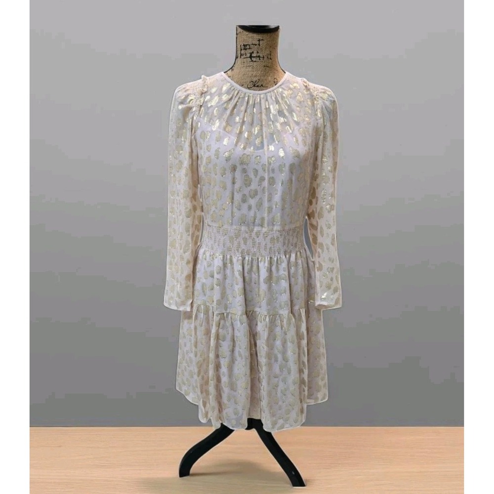 Rebecca Taylor Long Sleeve Silk Chiffon Metallic Leopard Smock Midi Dress NWOT